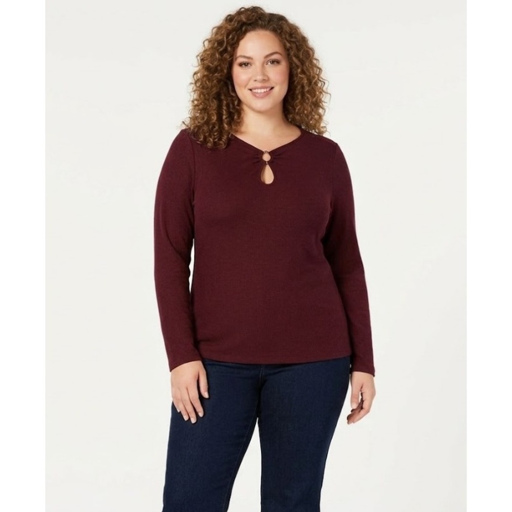 New INC International Concepts Burgundy Rib Knit Keyhole Detail Stretch Top XL